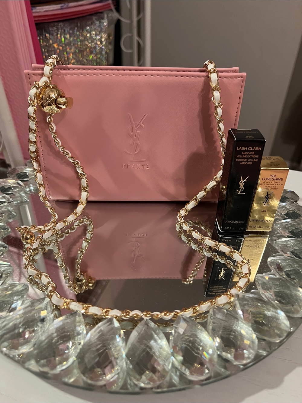 Yves Saint Laurent Pink Pouch with 47 inch Adjustable Chain & Deluxe Mini’s